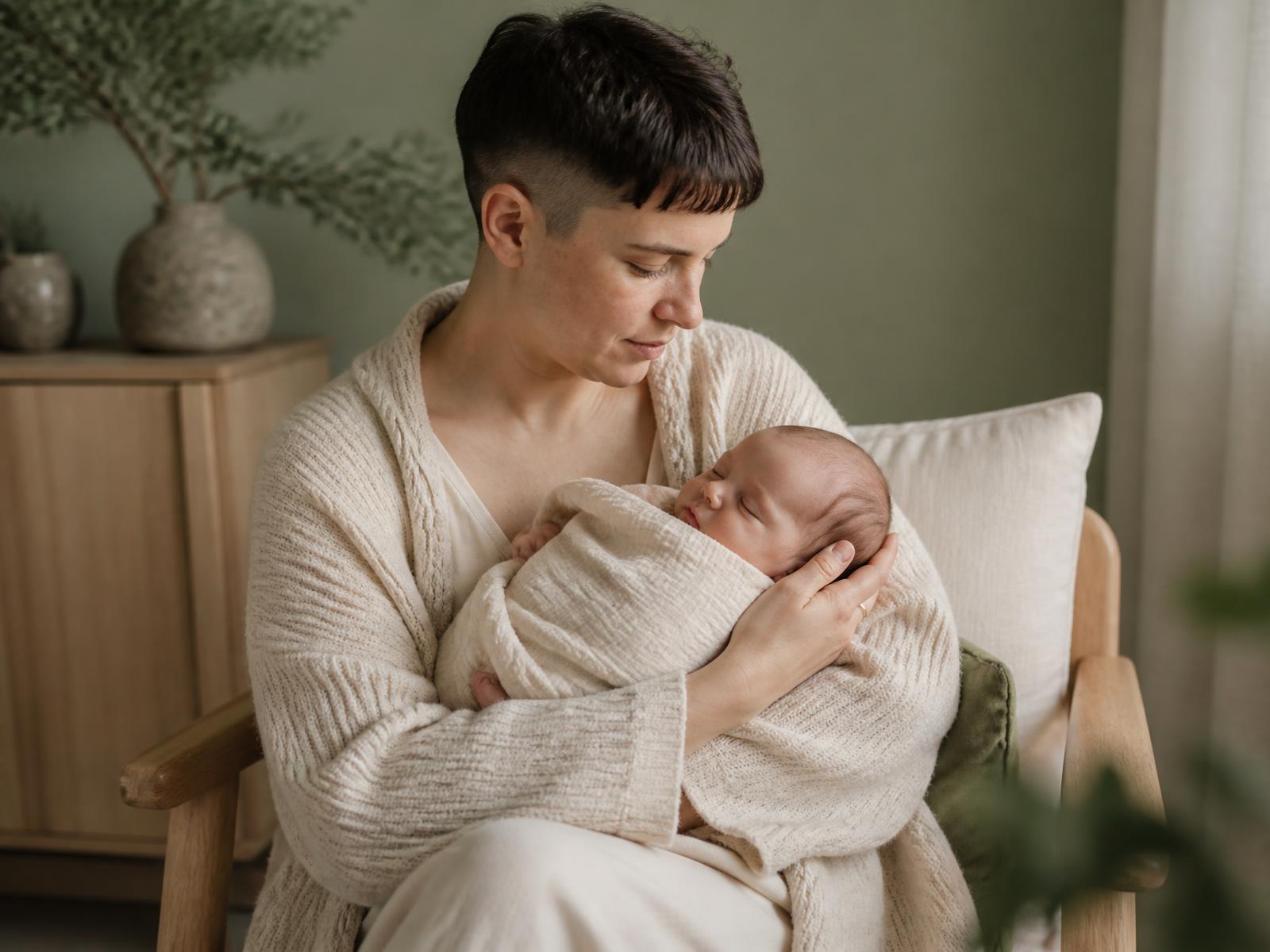 A parent holding a newborn baby wrapped in a cream muslin